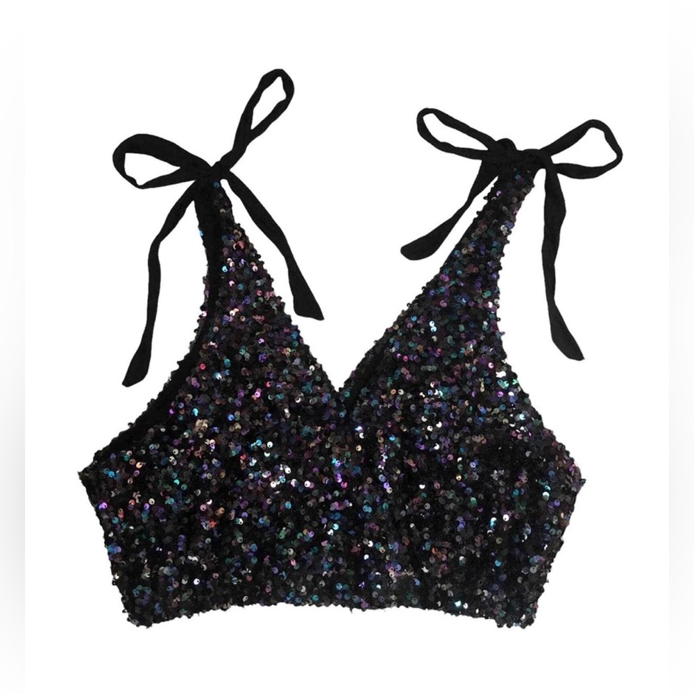 Free People Big Night petrol black iridescent sequin embellished crop top XS - Picture 4 of 5